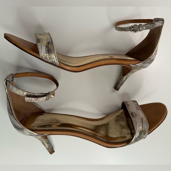COACH Brown, Gold & White Snakeskin Embossed Round Toe Kitten Heel Shoes Size 9B - Picture 16 of 17